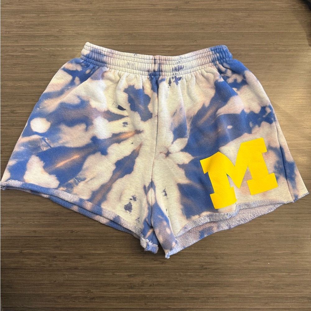 Tie-Dye Blue and White Women's Shorts with Yellow Accent